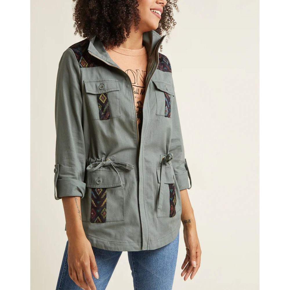 ModCloth Jacket Womens Small Green‎ Utility Military Aztec Boho Pockets Full Zip
